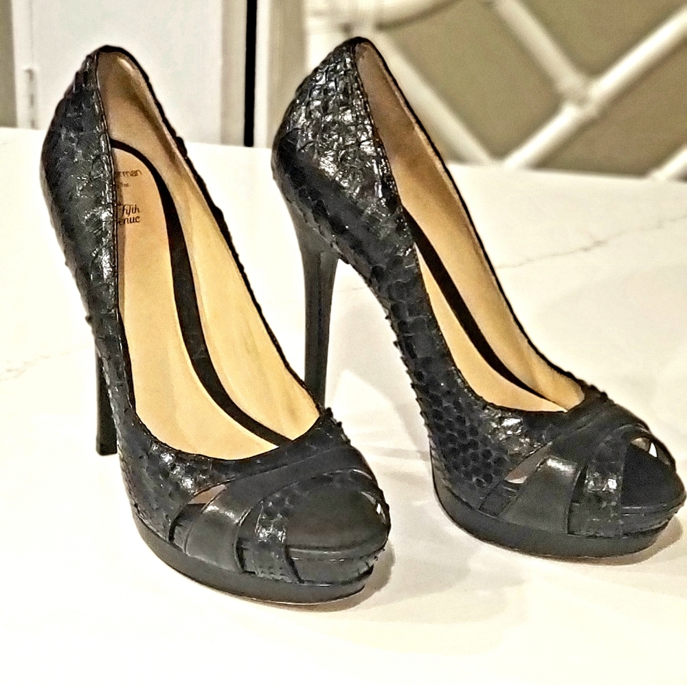 ALEX BIRMAN Black leather snake skin heels